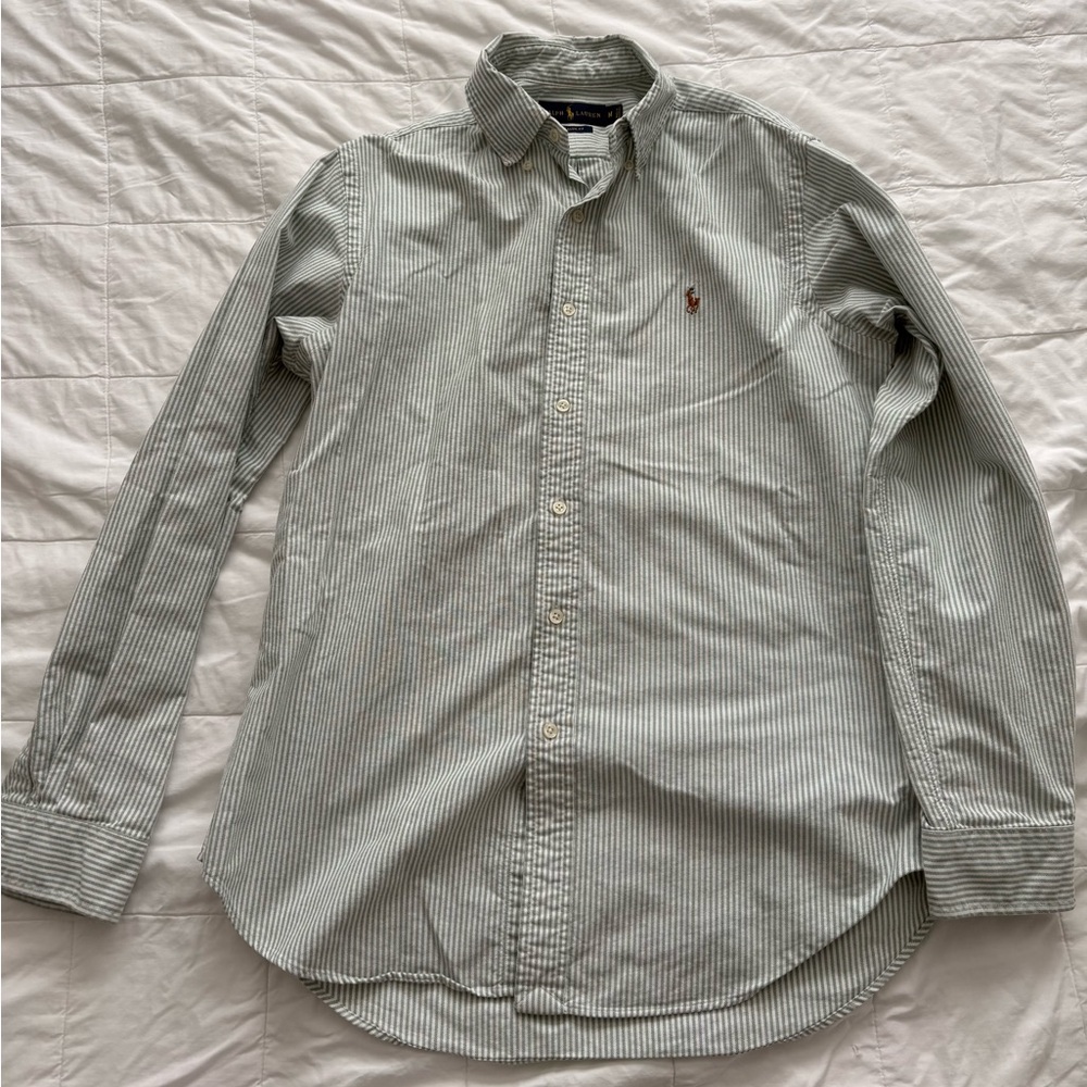 Ralph Lauren Men's Light Green Striped Classic Fit Oxford Button Down Shirt